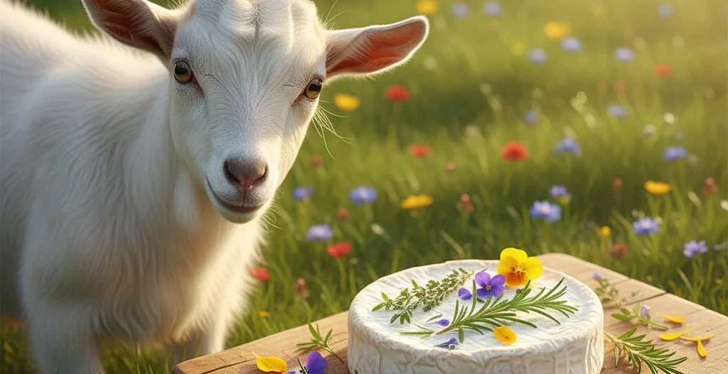 wheel of gourmet goat cheese next to a goat laying in a beautiful field.